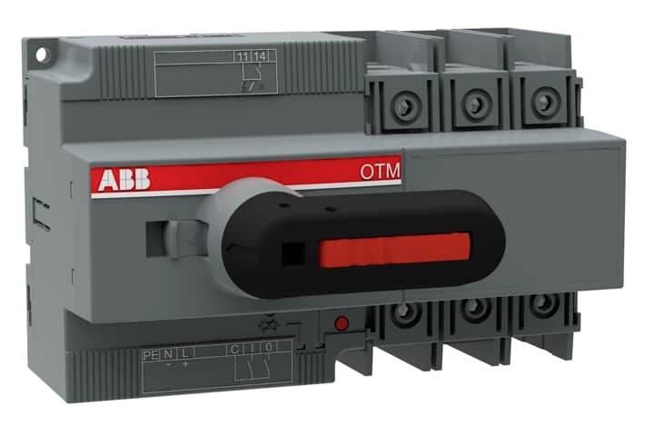 Šedé elektrické spínací zařízení značky 'ABB' s červeným ovládacím prvkem. Slouží k bezpečnému řízení elektrického proudu v elektrických systémech.