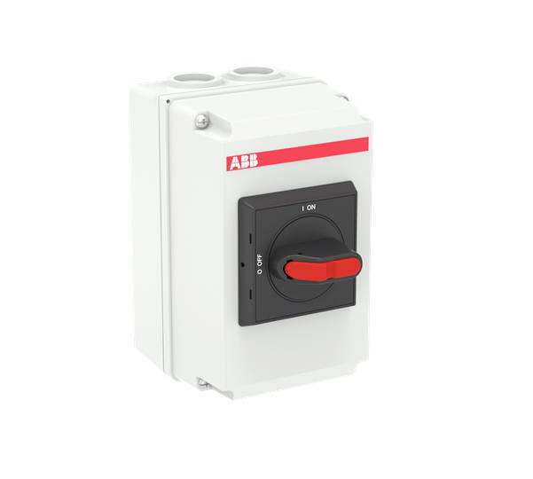 Elektrický hlavní vypínač od ABB, namontovaný v bílém pouzdře. Vypínač má červenou a černou ovládací lištu s polohami 'ZAP' a 'VYP'.
