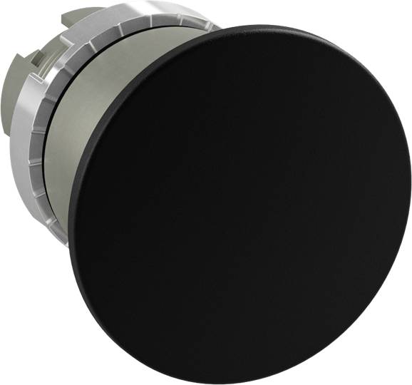Černý kulatý knoflík s kovovým podložím, pravděpodobně ovládací prvek elektronického zařízení.