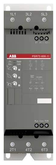 Řídicí jednotka softstartéru od ABB, model PSR72-600-11, s připojovacími body nahoře a dole a ovládacím panelem na přední straně.