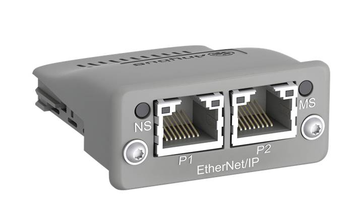 Modul EtherNet/IP se dvěma ethernetovými porty, označenými jako P1 a P2, a dvěma LED indikátory, označenými jako NS a MS.