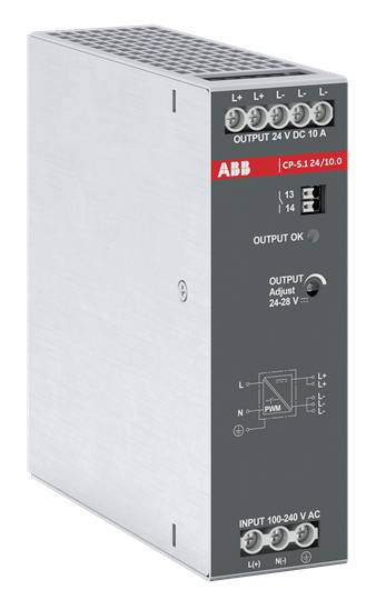 Napájecí zdroj CP-S.1 24/10.0 od ABB, stříbrné provedení, nabízí výstup 24V DC, 10A. Vstup 100-240V AC, s více připojovacími svorkami.