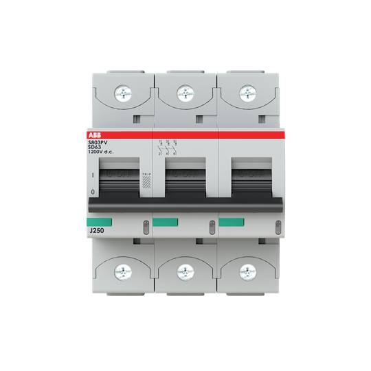 Třípólový výkonový spínač od ABB pro zabezpečení elektrických obvodů, s maximálním jmenovitým proudem 1200V DC.