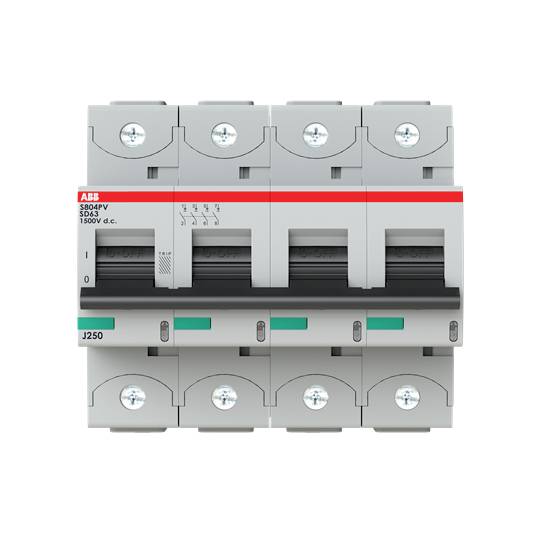 Čtyřpólový výkonový jistič ABB S804PV-SD31, vhodný pro stejnosměrný proud do 1500 V DC, s zeleným upozorněním na jmenovitý proudový rozsah.