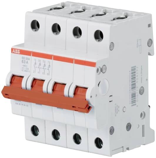 Třípolový nebo čtyřpólový jistič značky ABB s červenou ovládací pákou. Vhodný pro 63A, modelové číslo S203.
