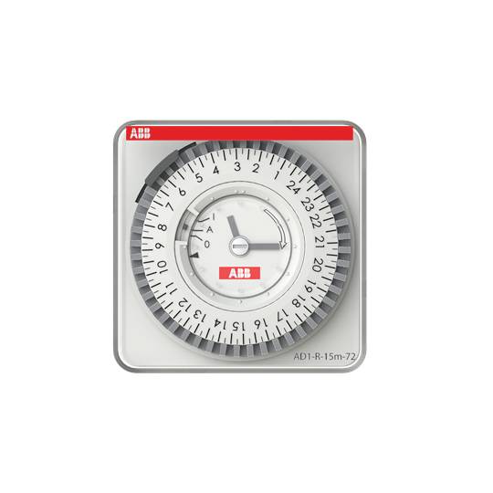 Mechanická spínací hodiny s 24hodinovým intervalem, stupnice od 1 do 24. Logo výrobce v horní části, model 'ADI-R 15m-72'.