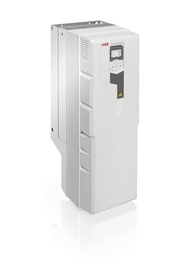 Šedá elektrická rozvodná skříň od ABB s integrovaným ovládacím displejem a výstražným symbolem.