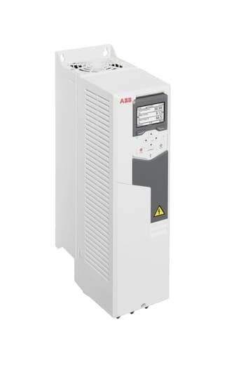 Frekvenční měnič v bílém krytu s ovládacím panelem a větracími otvory, používaný pro řízení elektromotorů.