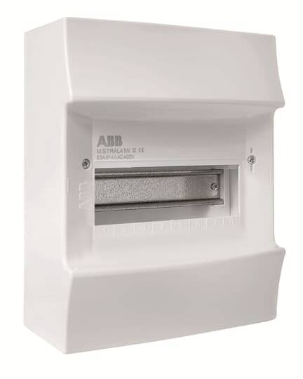 Bílý plastový rozváděč. Nahoře je nápis 'ABB MISTRAL41W 12 CE'. Vnitřní prostor je prázdný a připravený pro pojistky.