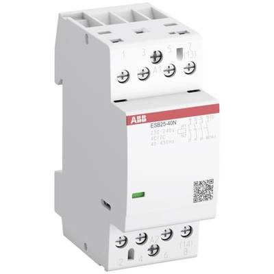 Stykačový modul ABB pro elektrické obvody, model ESB25-40N, v bílé barvě se šesti svorkami a QR kódem.
