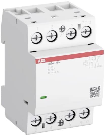 Stykač ABB ESB40-40N, třípólový, pro napětí 230V AC/DC, 40-450Hz, s možností upevnění nahoře i dole.