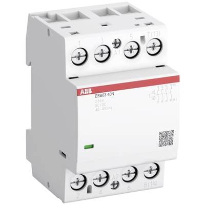 'ABB ESB63-40N stykač, 230V AC/DC, 40-450Hz', zobrazený s připojením a popisem na přední straně.