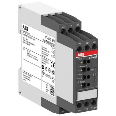 Průmyslové časové relé ABB pro aplikace řízení času, zobrazující různé možnosti nastavení a připojení.