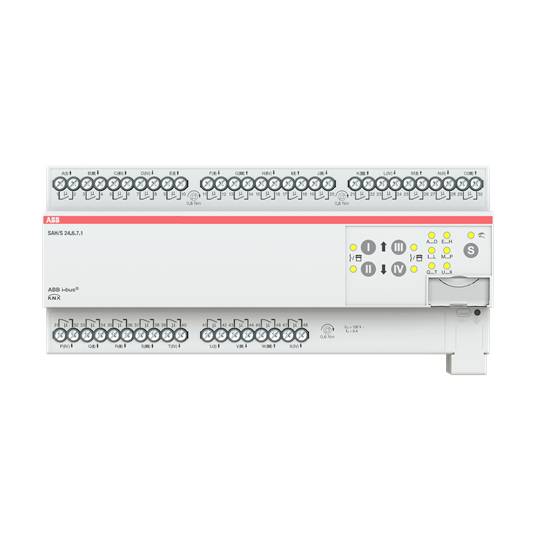 Bílé zařízení ABB Smart Home s různými přípojkami a ovládacími tlačítky, model SAM/S 24.2.1, určené pro domácí automatizaci.