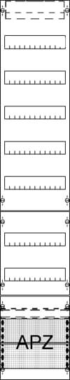 Diagram parkoviště s osmi vyznačenými parkovacími řadami a prostorem označeným jako 'APZ'.