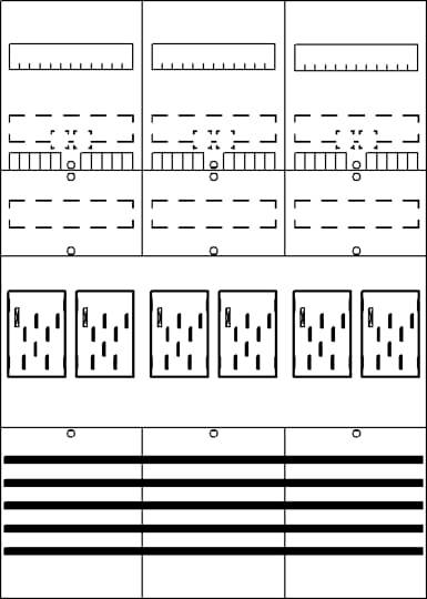 Diagram ukazuje různé vzorové šablony pro pletené vzory v šesti řadách.