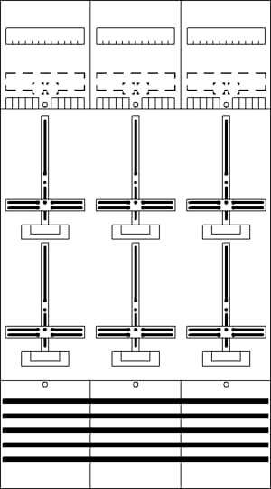 Diagram znázorňuje rozvržení ovládacího panelu se šesti vertikálními spínači ve dvou řadách a měřicími stupnicemi pro každý spínač v horní části.