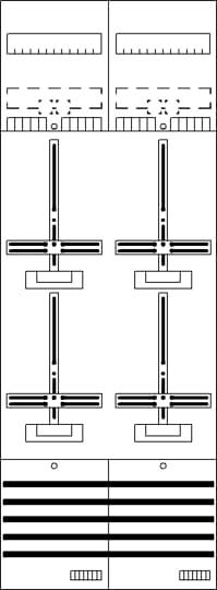 Schématický diagram spínačů: Nahoře dva boxy s čarami a body, uprostřed čtyři páky v boxech, dole větrací štěrbiny.