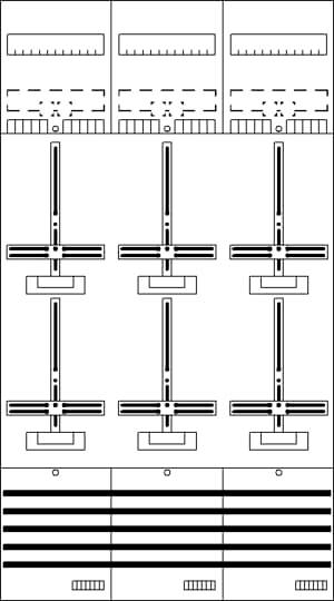 Černobílý diagram technického zařízení s několika ovládacími tlačítky a přepínači, pravděpodobně mixážní pult.