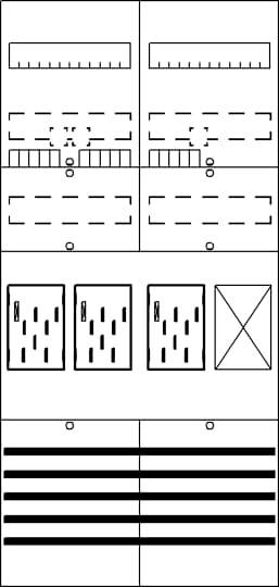 Černobílý linkový plán s geometrickými tvary a vzory, sestávající z obdélníků, čar, kruhů a křížových značení.