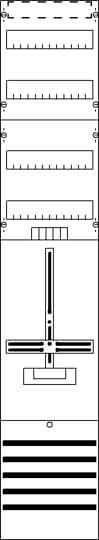 Diagram znázorňuje vertikální obvod s několika horizontálními vodiči a třemi vertikálními segmenty uprostřed.