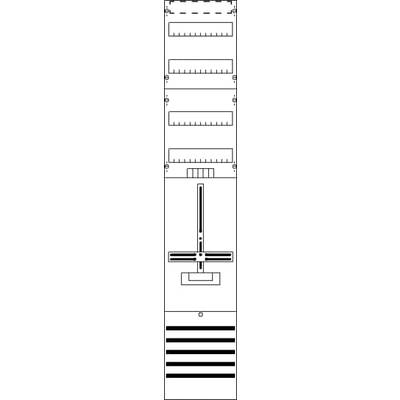 Diagram znázorňuje vertikální obvod s několika horizontálními vodiči a třemi vertikálními segmenty uprostřed.