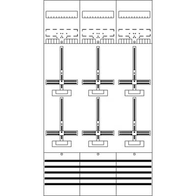 Diagram se šesti symetrickými křížovými tvary uprostřed, nahoře tři měřicí stupnice, dole horizontální pruhy.