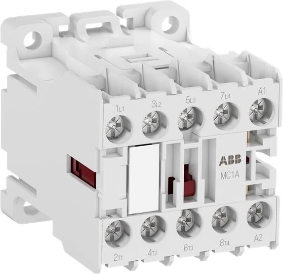 Bílý elektrický stykač s logem ABB a několika svorkami pro elektrické zapojení. Číslo modelu: MC1A.
