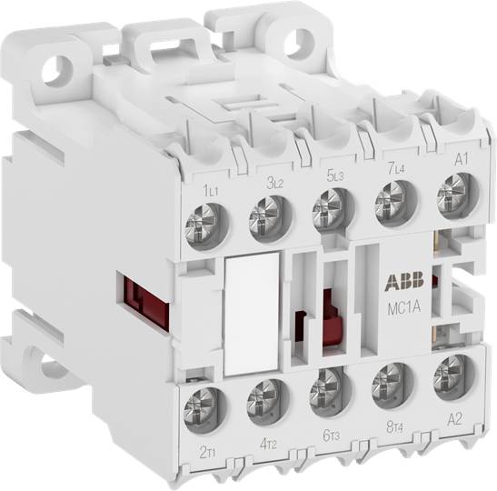 Bílý elektrický stykač značky 'ABB', model 'MC1A', s několika šroubovými svorkami na přední straně.