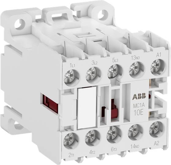 Bílý elektrický stykač s několika šroubovými spoji a nápisem 'ABB MC1A 10E'.