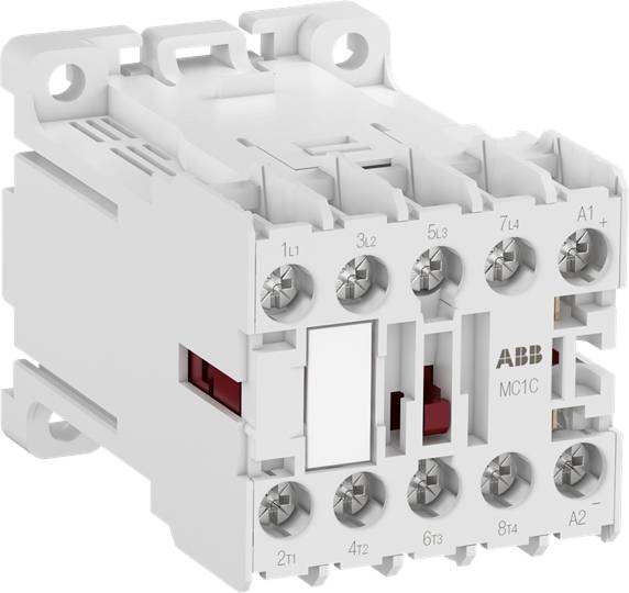 Bílý elektrický stykač s několika svorkami a nápisem 'ABB MC1C' na přední straně.