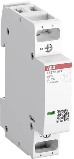 'ABB ESB20-20N' stykač, 230V AC/DC, 40-450Hz. Bílé, obdélníkové zařízení s šedými prvky a QR kódem pro elektroinstalace.