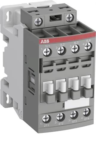 Šedý elektrický stykač od ABB s několika svorkami a šrouby určený pro instalaci do elektrické rozvodné skříně.
