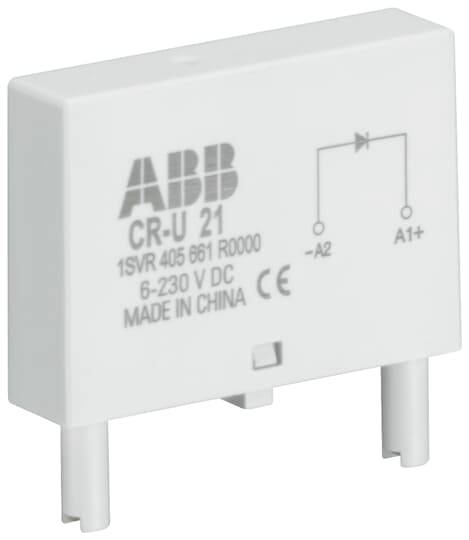 Elektrické zařízení s nápisem 'ABB CR-U 21' zobrazující jednoduchý elektrický diagram. Používá se pro napětí v rozsahu 6-230V DC.