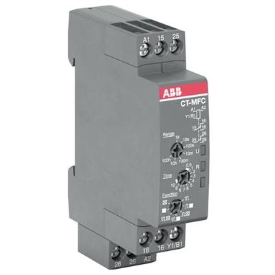 Časové relé od ABB s různými nastavitelnými možnostmi, včetně rozsahů a časových spínacích funkcí, rozpoznatelné podle otočných regulátorů.