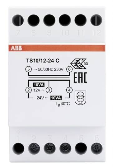 Elektrické časové relé, model TS10/12-24 C, 10VA, 50/60Hz, 230V. Rámečkem jsou ohraničeny připojovací svorky a certifikace EAC.