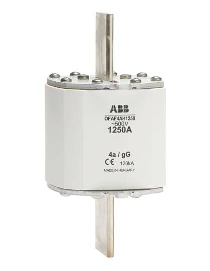 Průmyslové zabezpečení typ ABB 0FAF4AH1250, 500V, 1250A, 4a/gG, 120kA, vyrobeno v Maďarsku. Hlavní pohled ukazuje šroubové připojení.