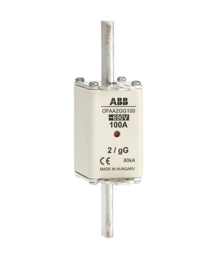 Elektrická pojistka s nápisem 'ABB OFAA2GG100, 690V, 100A, 80kA' a 'Vyrobeno v Maďarsku'.