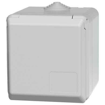 Šedý plastový připojovací box s víkem a vstupem pro kabely na horní straně, používaný pro elektrické připojení.