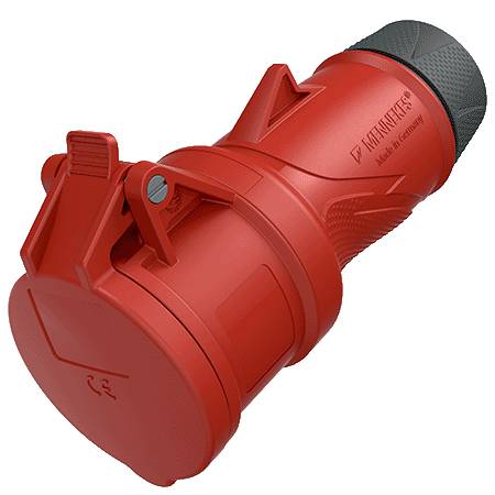 Červený CEE konektor s černou rukojetí, vyrobený společností 'Kunst-Steins Made in Germany', používaný v průmyslových oblastech pro elektrické připojení.