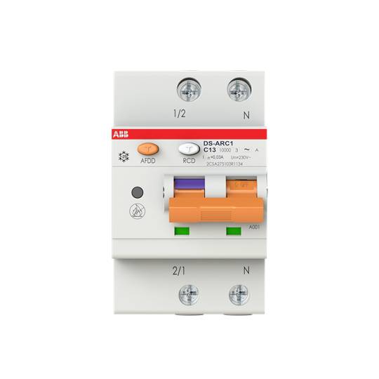 Elektrický ochranný spínač od společnosti ABB s označením modelu DS-ARC1, vybavený spínači pro AFDD, RCD a nadproudovou ochranu.