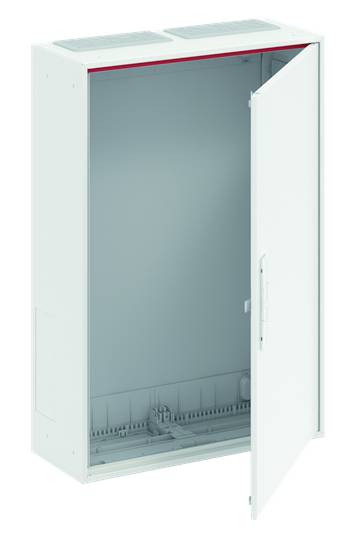 Bílá, otevřená kovová skříň s dveřmi umístěnými po straně, vhodná pro elektrické nebo technické instalace.