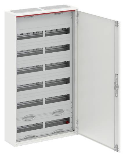 Otevřená elektrická rozvodná skříň s několika volnými lištami pro umístění elektrických komponentů.