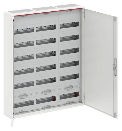Otevřená bílá rozvodná skříň s několika řadami pro elektrické komponenty, připravená k instalaci.