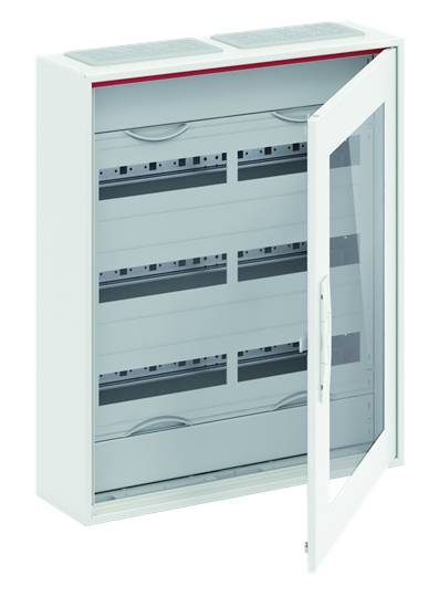 Otevřená bílá elektrická rozvodná skříň s několika horizontálními držáky a prosklenými dvířky v moderním designu.