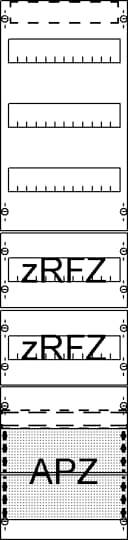 Schéma tří hřebenových převodů: Nahoře zRFZ, uprostřed zRFZ, dole APZ. Vyznačené úseky hřebenů v horních diagramech.