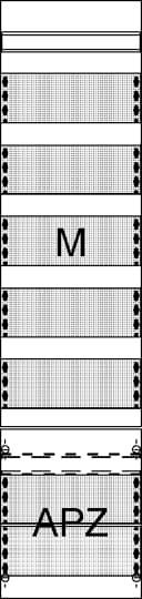 Grafika schematického plánu se dvěma hlavními oddíly, označenými písmeny 'M' a 'APZ', přičemž každý je rozdělen přerušovanými čarami.