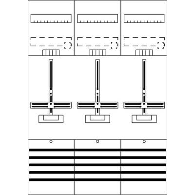 Schéma elektrického zapojení technického zařízení se třemi svislými pákami, které jsou propojeny vodorovnými kolejnicemi. Horní a spodní strana zobrazuje vyznačené zóny.