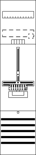 Diagram elektrického rozváděče s různými symboly pro spínače a vodiče, centrálním oddělovacím pruhem a lineárními indikátory dole.
