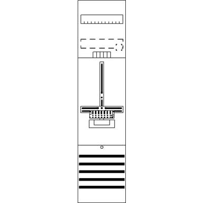 Diagram elektrického rozváděče s různými symboly pro spínače a vodiče, centrálním oddělovacím pruhem a lineárními indikátory dole.